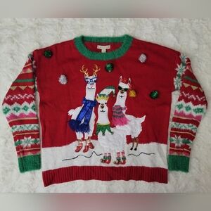 It's Our Time 3 Llama Holiday Red/White/Green Sweater Women Size Small